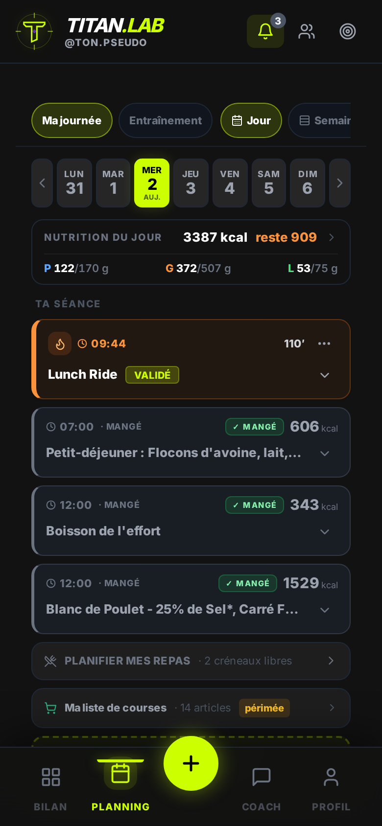 L'écran « Ma journée » de l'app : la séance du jour validée, et les repas calés sur elle avec le compte des calories et macros